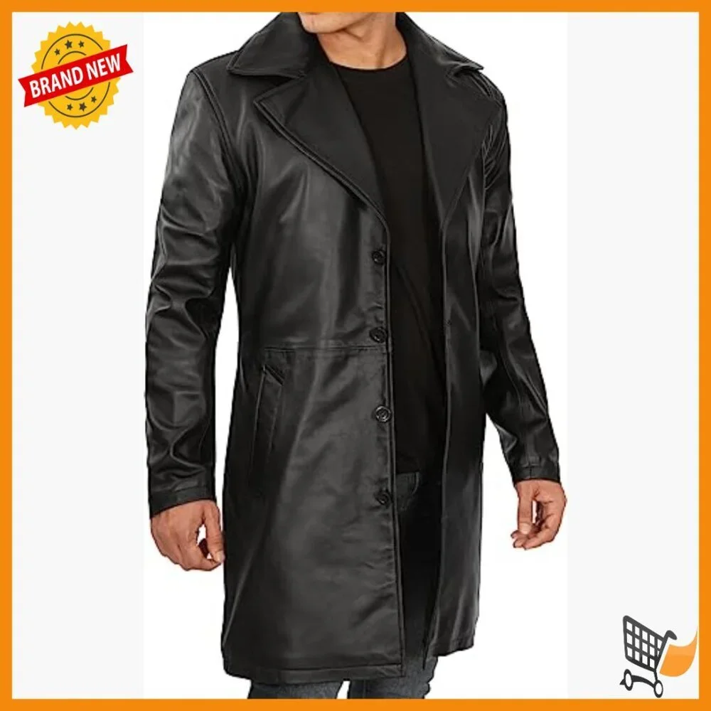 Men's Lambskin Leather Car Coat, Knee Length, Button Front, Lapel Collar